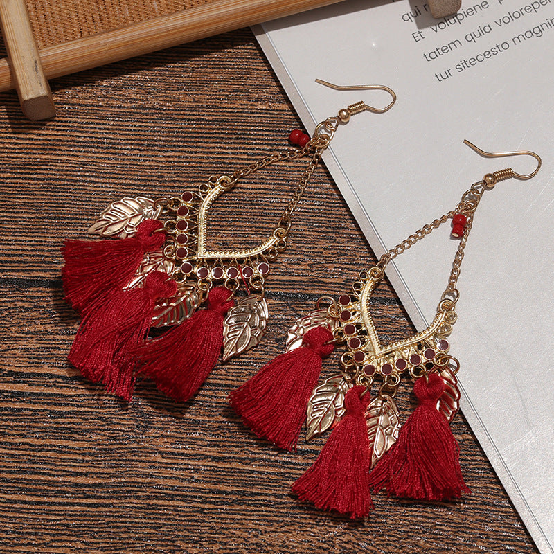Wholesale Ethnic Style Tassel Metal Leaf Earrings