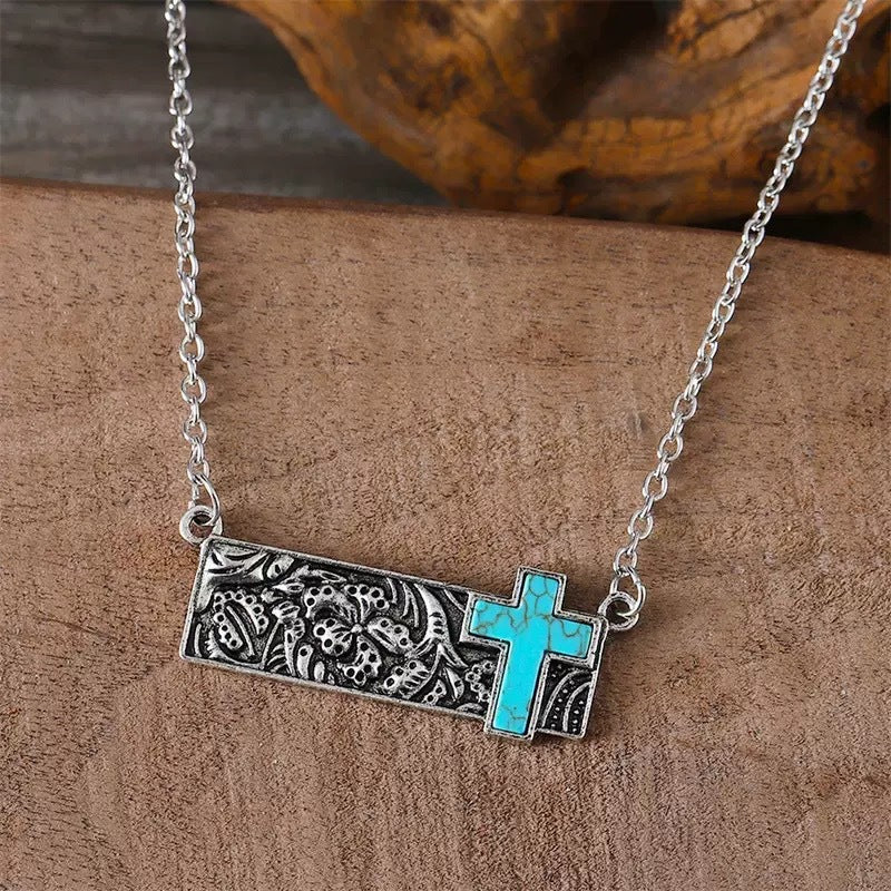 Wholesale Vintage Boho Turquoise Cactus Cross Pendant Necklace Western Cowboy Style Jewelry Accessory