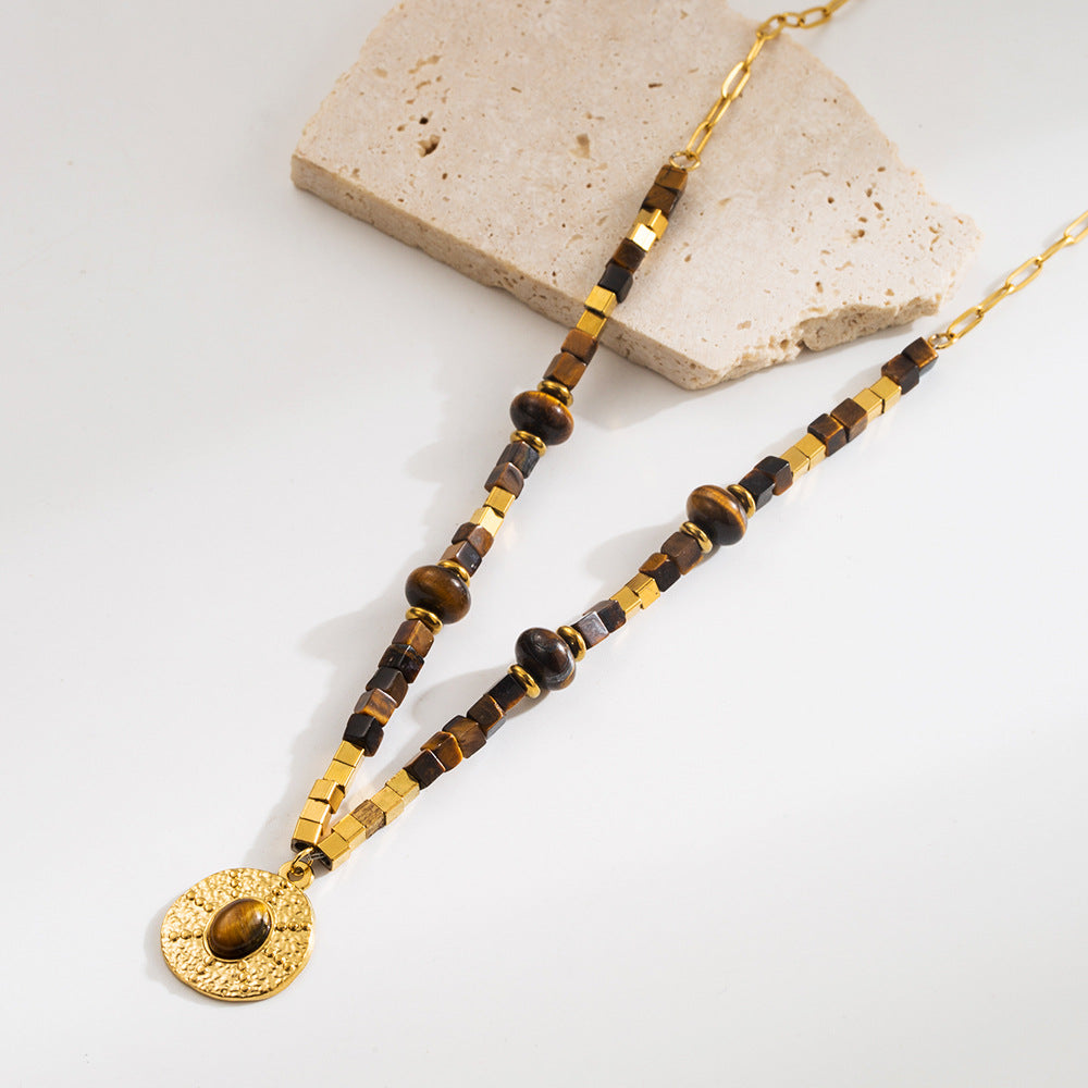 Wholesale Natural Tiger's Eye Niche Maillard Style Geometric Retro Titanium Steel Clavicle Necklace