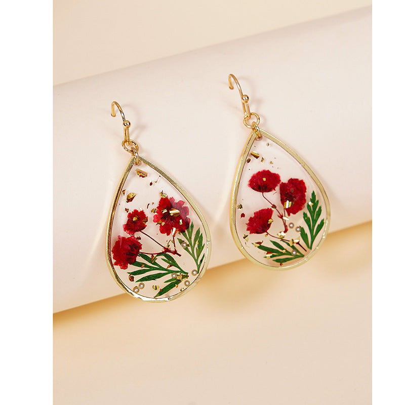 Wholesale Epoxy Leaf Eternal Red Dried Flower Earrings