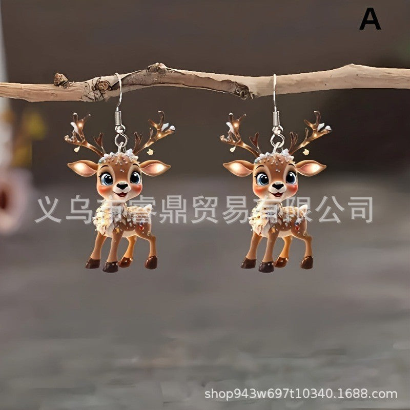 Wholesale Cute Christmas Elk Acrylic 2D Creative Design Holiday Decoration Gift Earrings