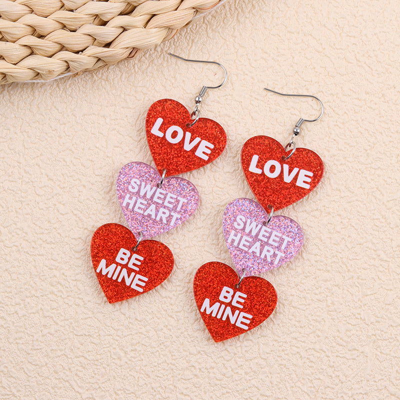 Wholesale Valentine' s Day Flash Three in One Heart Letter Acrylic Earrings