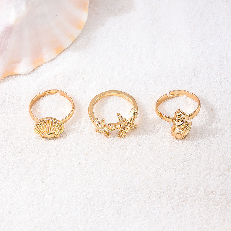 Wholesale 3-piece vintage ocean metal starfish shell conch open holiday style Ring Set