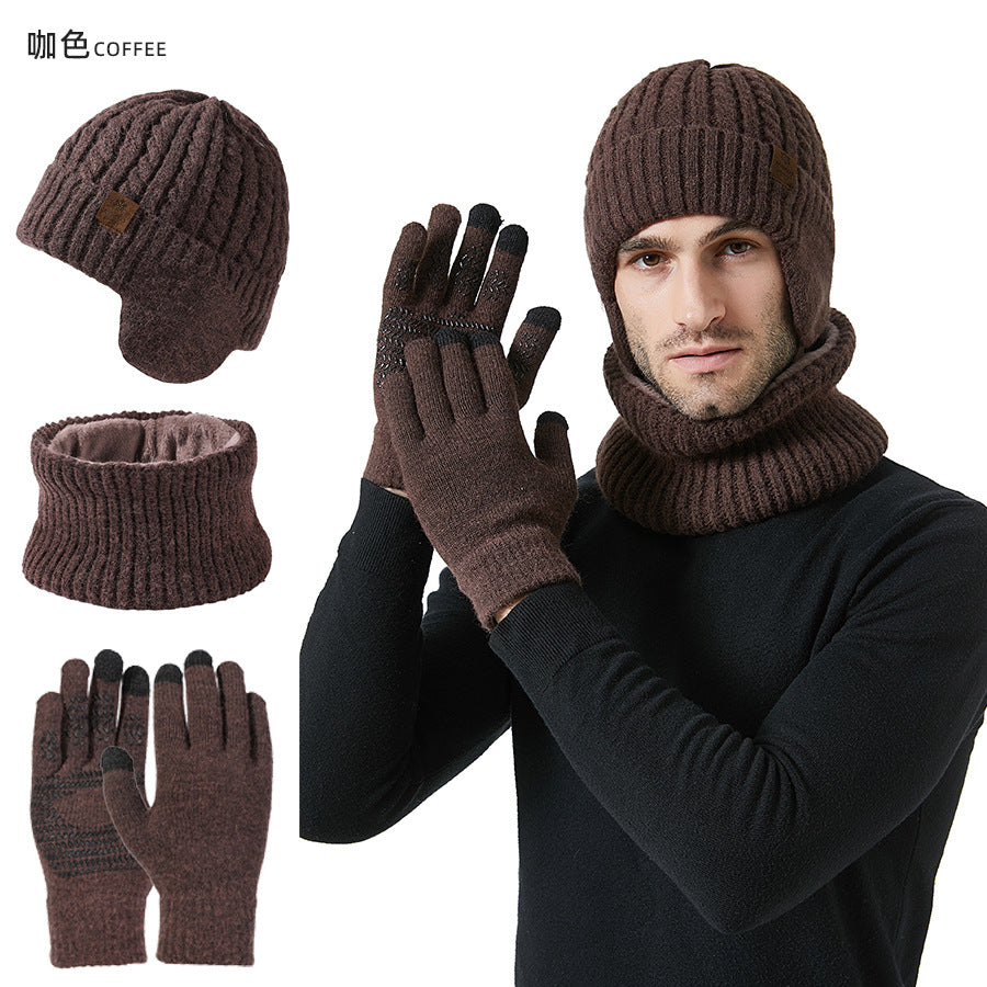 Wholesale Winter Fleece Ear Protection Knitted Hat Scarf Touch Screen Gloves Warm Suit