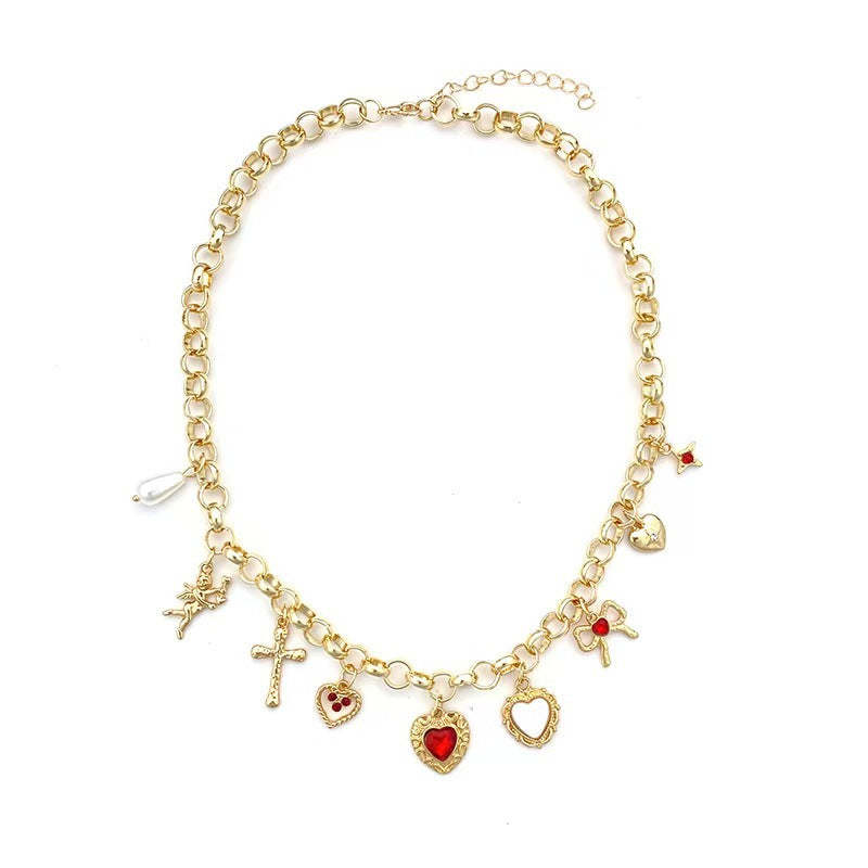 Wholesale Heart shaped Sweet Pearl Cross Clock Necklace