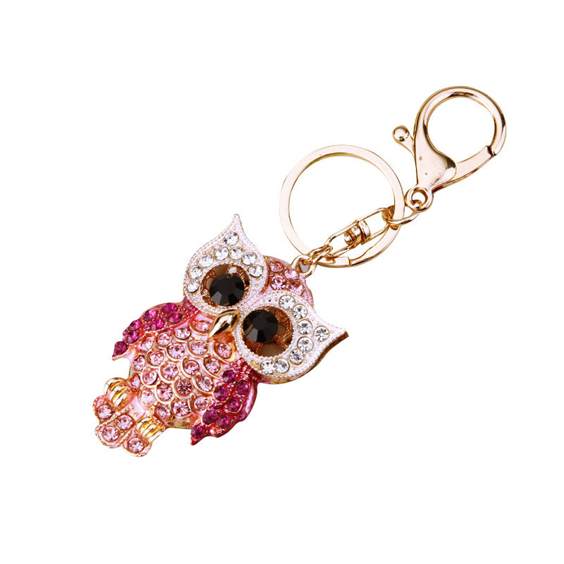 Wholesale Pink Rhinestone Owl Car Keychain Metal Key Ring Bag Charm Fashion Accessory Gift