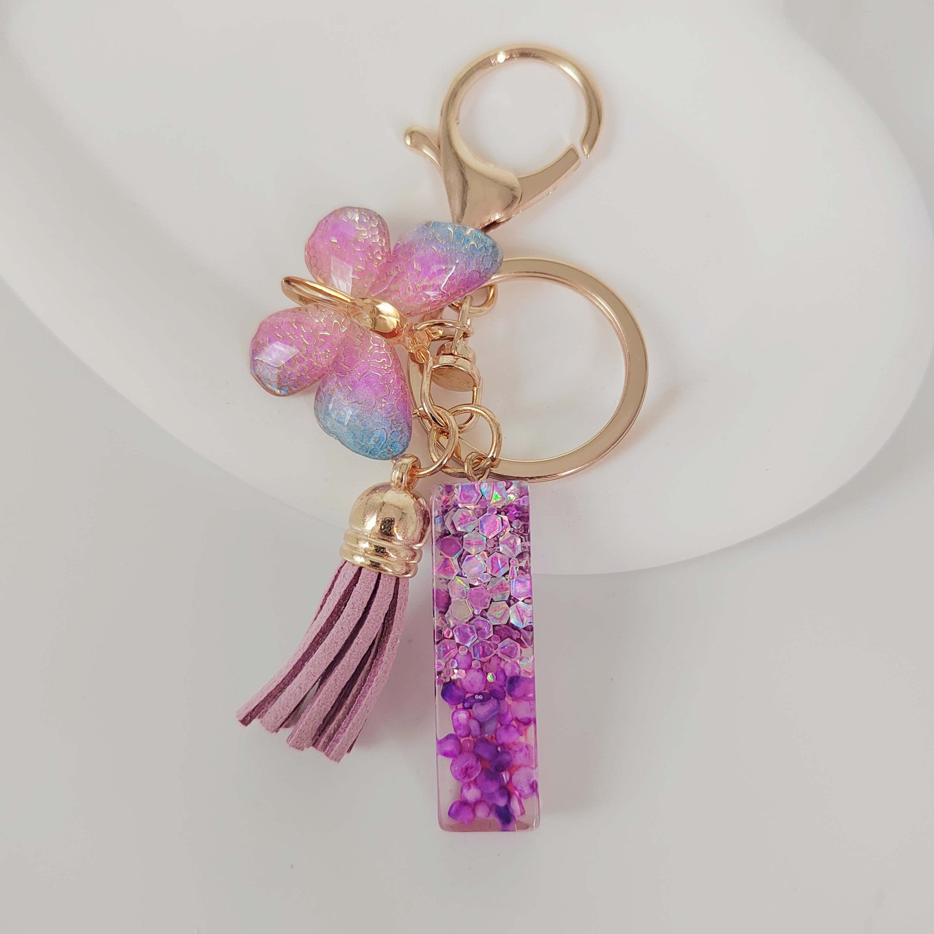 Wholesale Purple Illusion Color Double Glue Letter Glitter Tassel Keychain