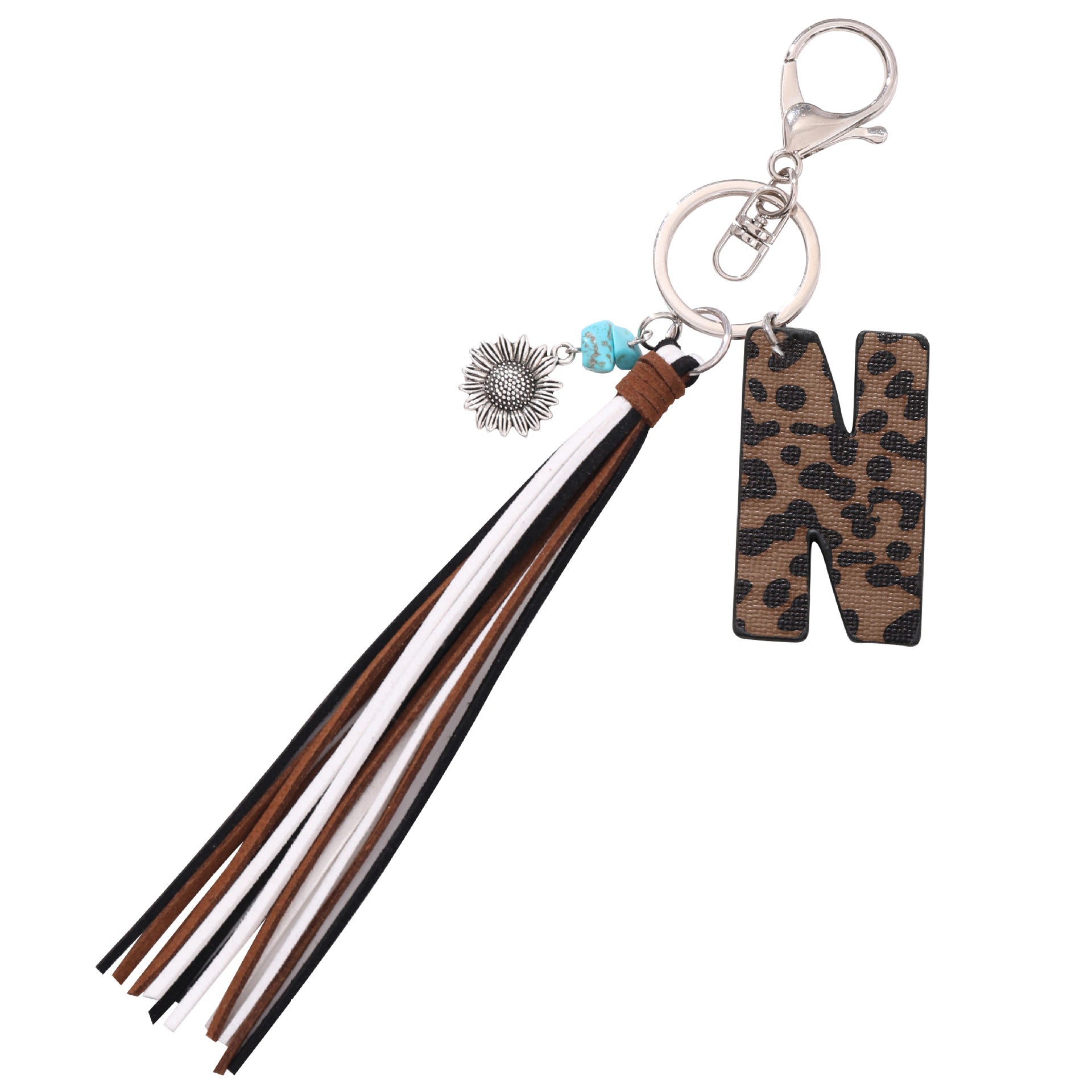 Wholesale Western Cowboy Style Leopard Oil Edge Leather Letter Tassel Keychains