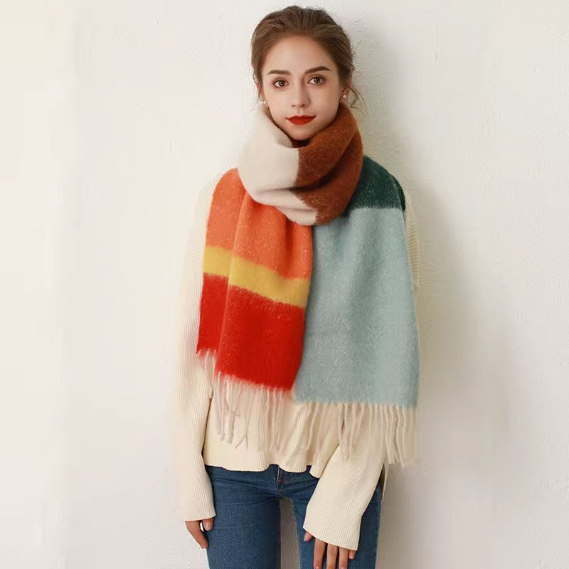 Wholesale New Contrast Striped Mohair Imitation Cashmere Thickened Tassel Scarf