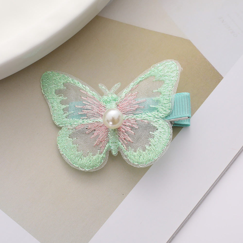 Wholesale fairy cute bangs clip phantom color double organza embroidery butterfly hair clip