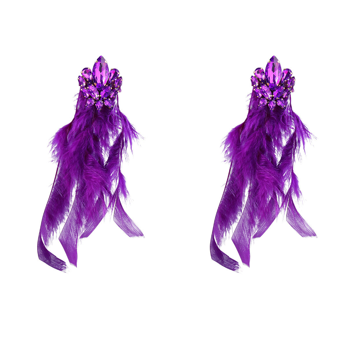 Wholesale Diamond studded floral long feather fringe earrings