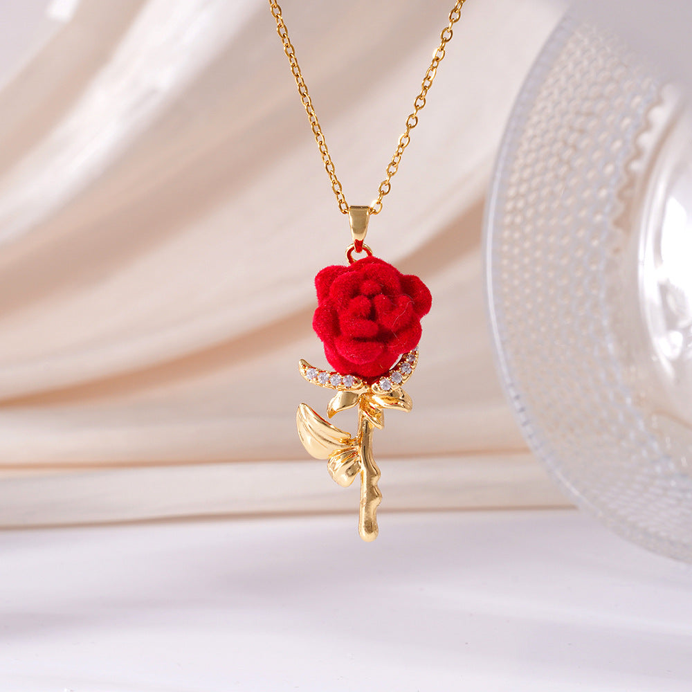 Wholesale Red Rose Diamond Stainless Steel Necklace