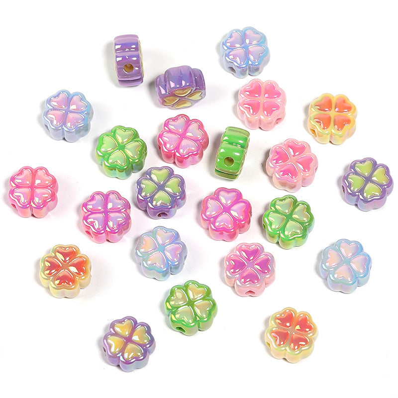 Wholesale 100pcs Acrylic Two-color Four-leaf Clover UV Plated Straight Hole Beads
