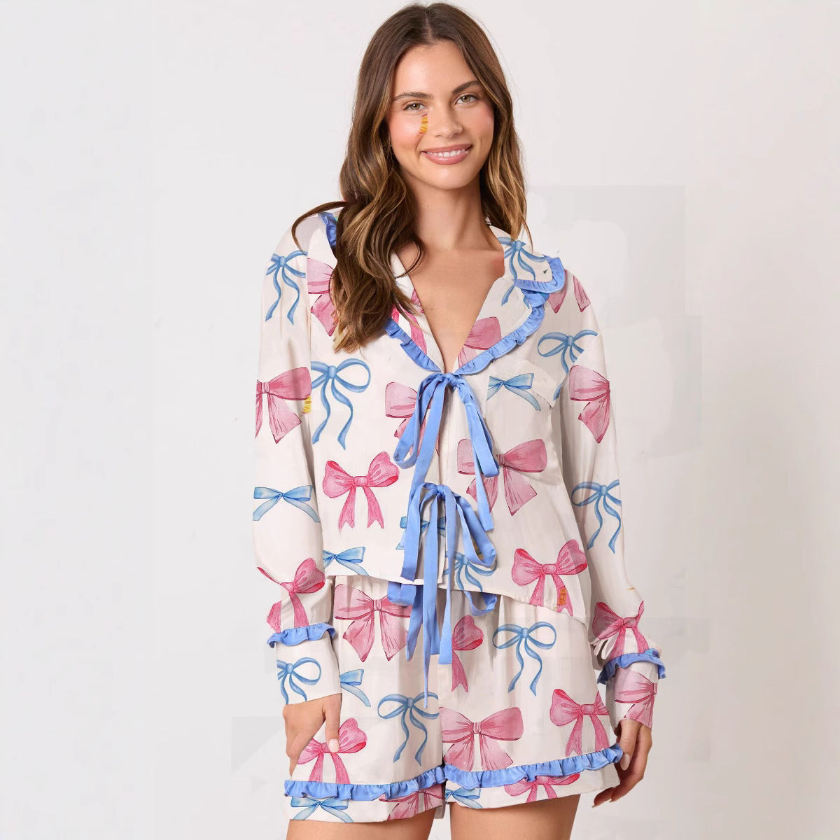 Wholesale Thin Print Valentine's Day Ruffle Long Sleeve Two-Piece Pajama Casual Set