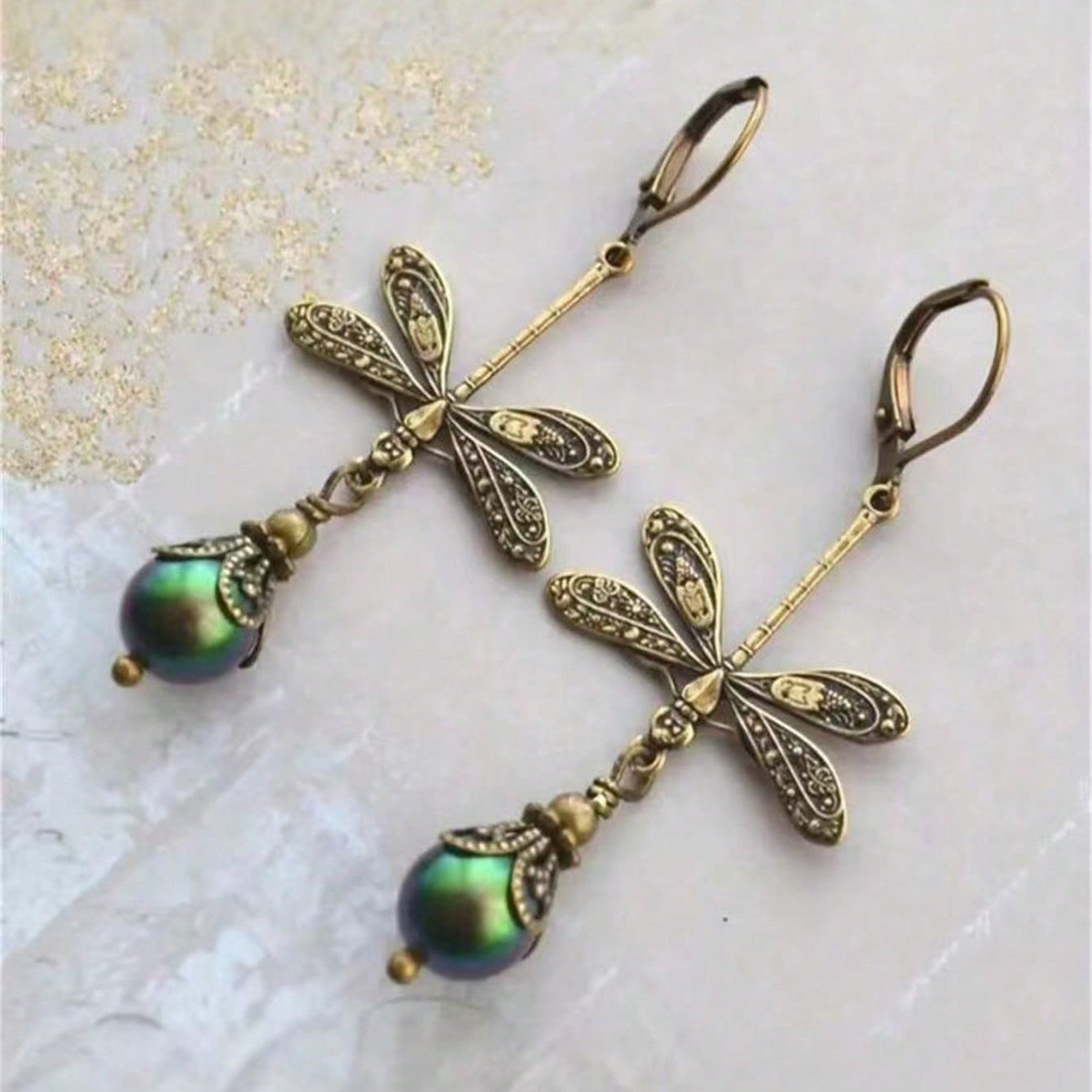 Wholesale Retro Dragonfly Inlaid Pearl Pendant Alloy Earrings Bohemian