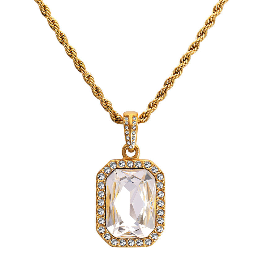 Wholesale Retro Atmospheric Square Style Zircon Surrounded By Diamond Twist Titanium Steel Chain