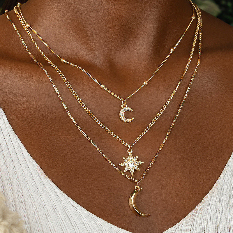 Wholesale Three-layer Diamond Star Moon Necklace Fashion Necklace