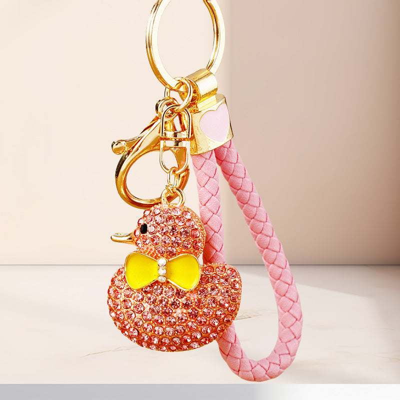 Wholesale Cute Crystal Studded Little Yellow Duck Car Keychain Bag Charm For Women Boutique Resale Decorative Accessory