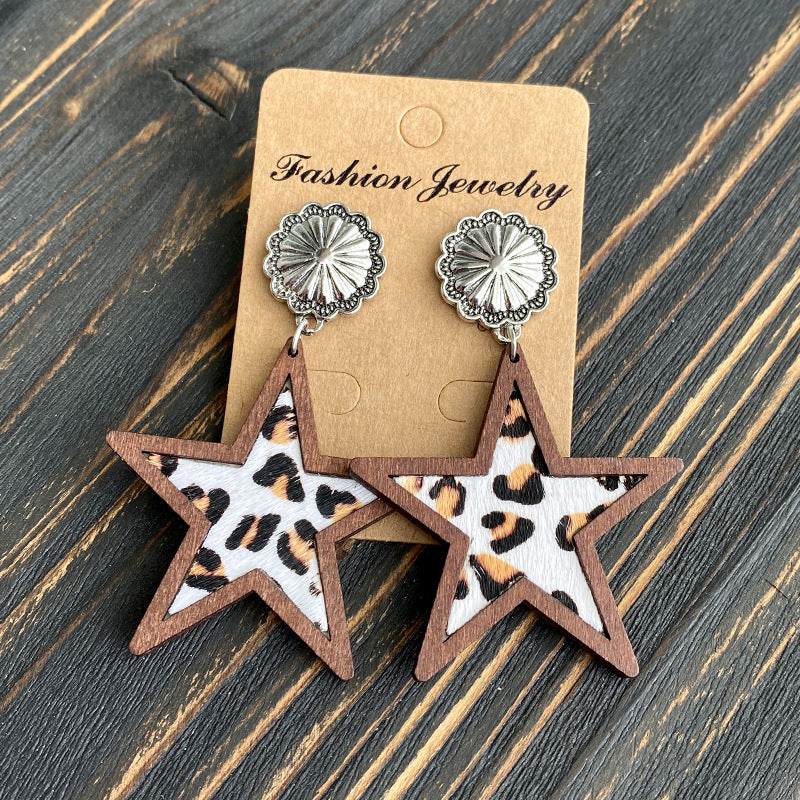 Wholesale Western Style Leopard Print Cow Print Five-pointed Star Earrings