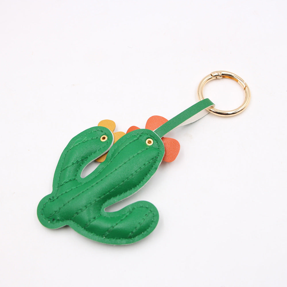 Wholesale Trendy Cactus Design Faux Leather Keychain Bag Charm Cute Animal Motif Car Key Accessory Gift