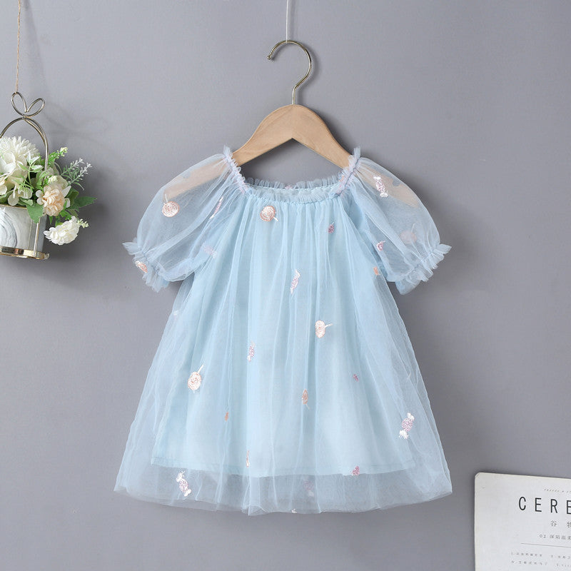 Wholesale Stylish Mesh Bubble Sleeve Princess Dress For Girls Cotton Party Outfit