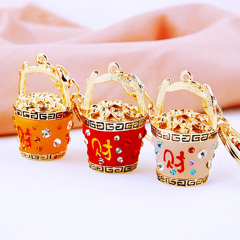 Wholesale Chinese Style Fortune Bucket Keychain Red Zinc Alloy Cornucopia Car Key Ring Decorative Bag Charm Gift
