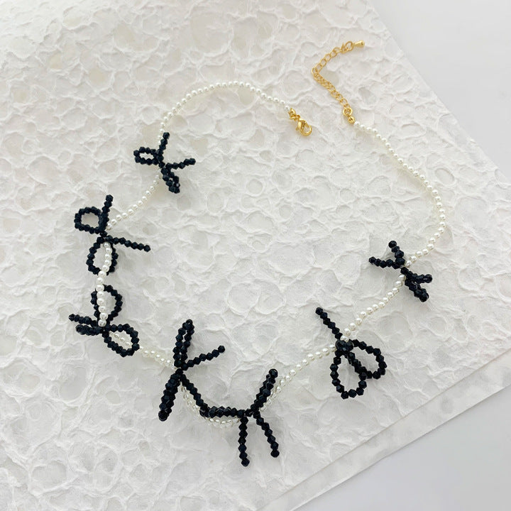 Wholesale Black and White Pearl Crystal Bow Braided Cute Princess Necklace