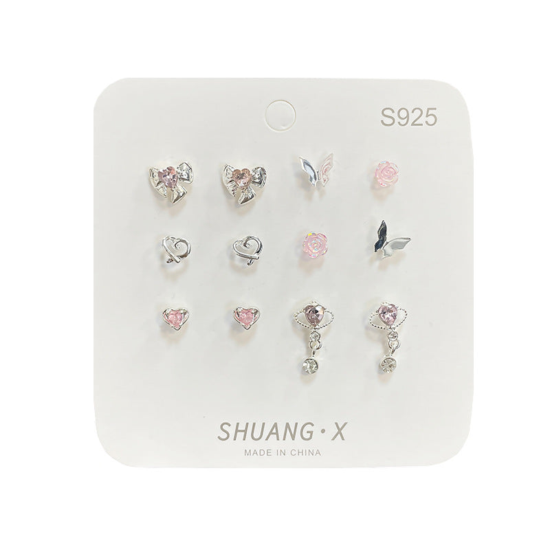 Wholesale Silver Needle Pink Diamond Heart Stud Earrings Set Planet Pendant