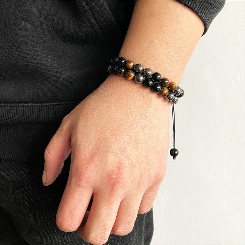 Wholesale Natural Tiger Eye Stone Black Onyx Double Layer Handwoven Bracelet