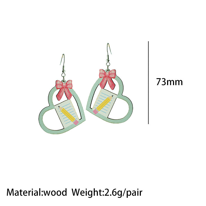 Wholesale 2 Pairs/Pack Heart Shape Bow Book Pencil Apple Wooden Earrings