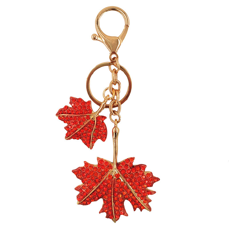 Wholesale Diamond Inlaid Metal Double Maple Leaf Keychain