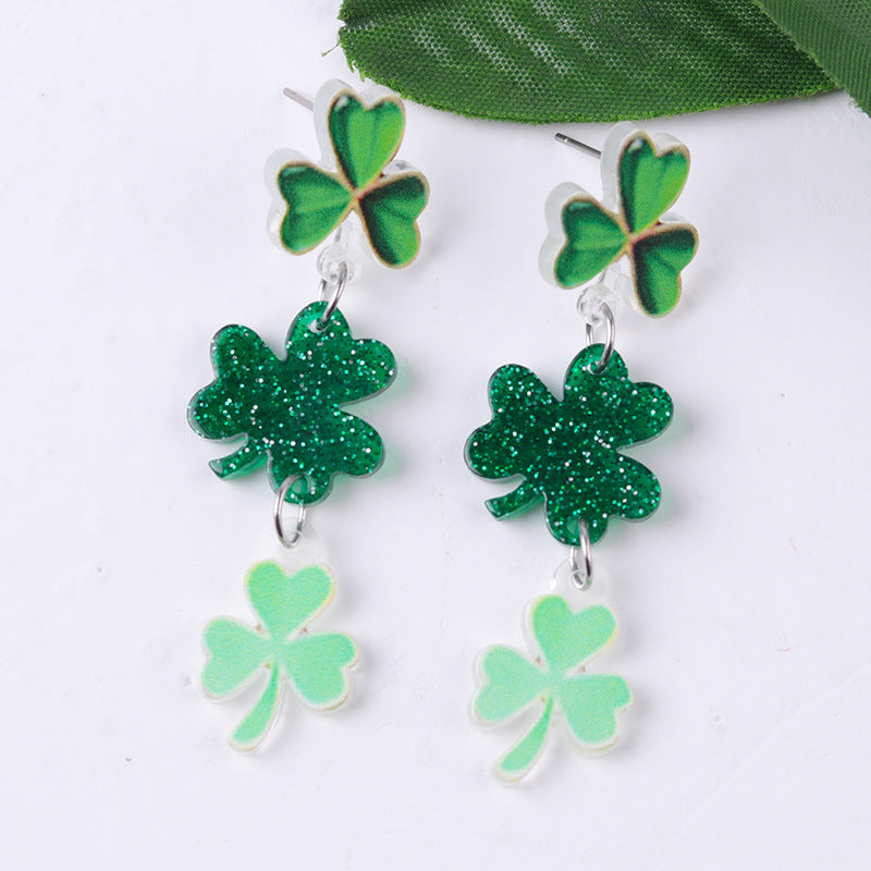 Wholesale St.  Patrick' s  Green AB Beer Acrylic  Clover Earrings