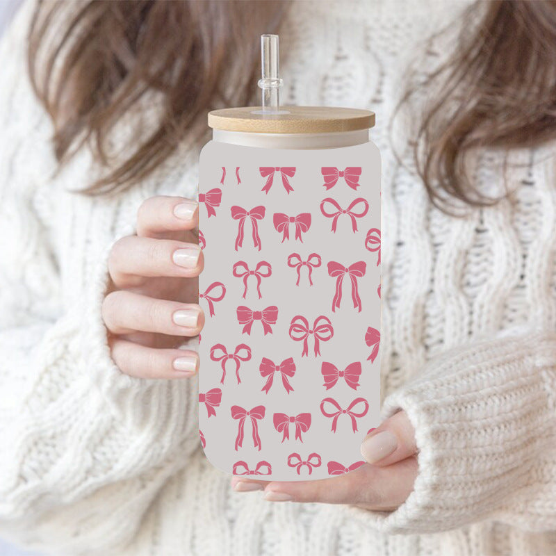 Wholesale Pink flower bow 16oz Cup UV DTF Wraps