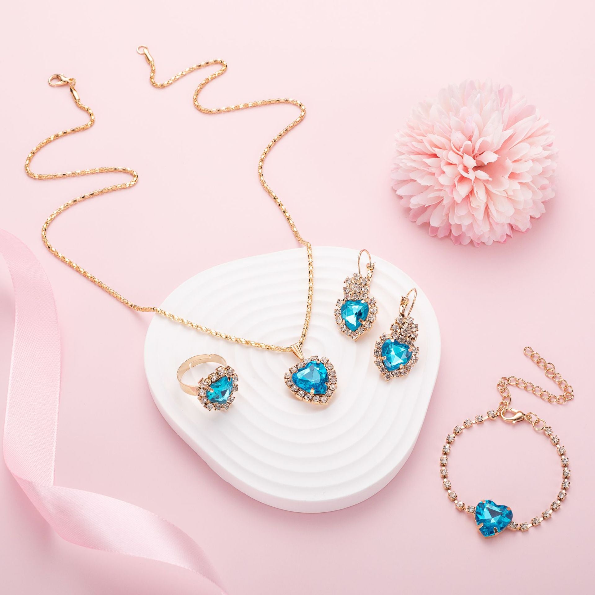 Wholesale Alloy Water Drop Full Diamond Necklace,  Earrings,  and Ring Set