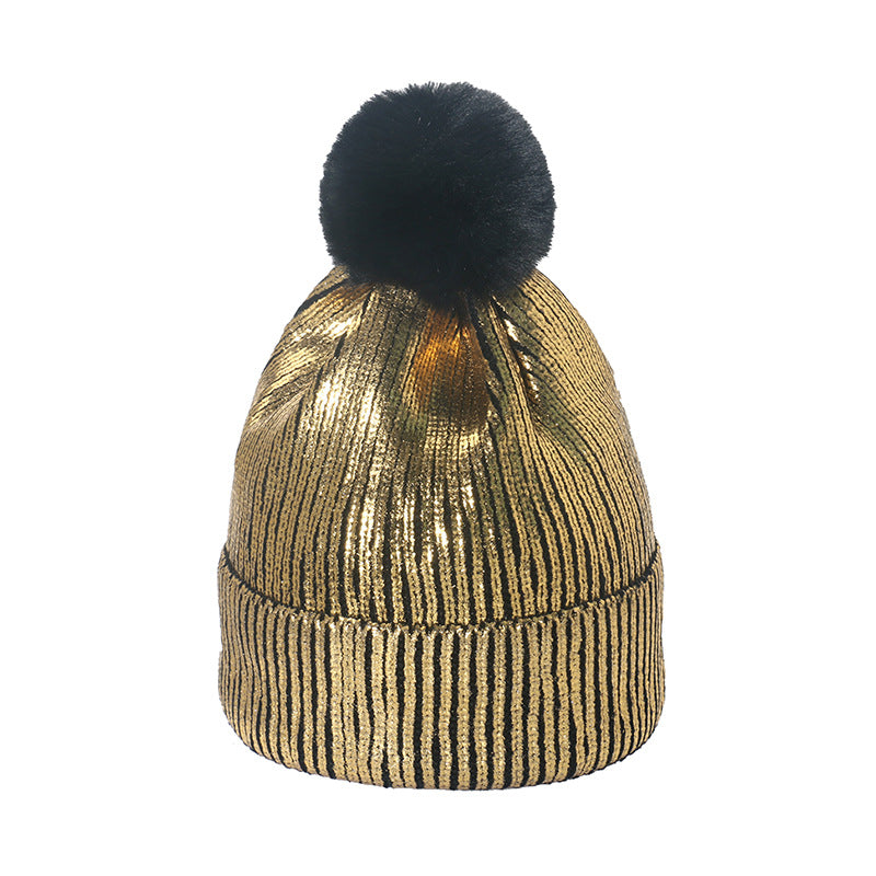Wholesale Gold Stamping Wool Colorful Metal Hip-Hop Street Fur Ball Knitted Hat