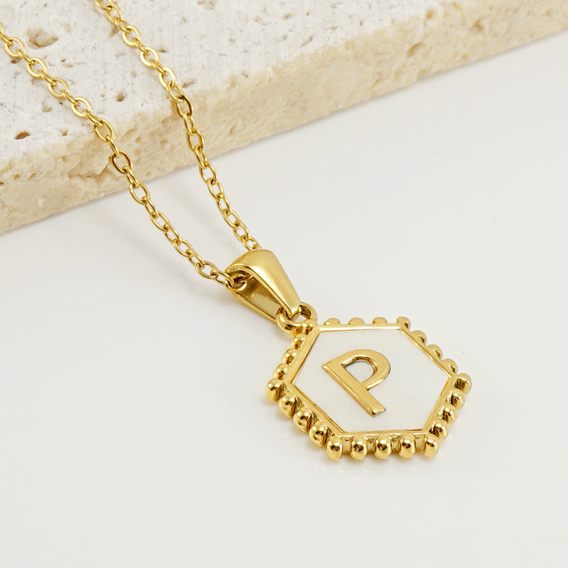 Wholesale Stainless Steel Plated Hexagonal Natural Shell Letter Pendant 18K Necklace