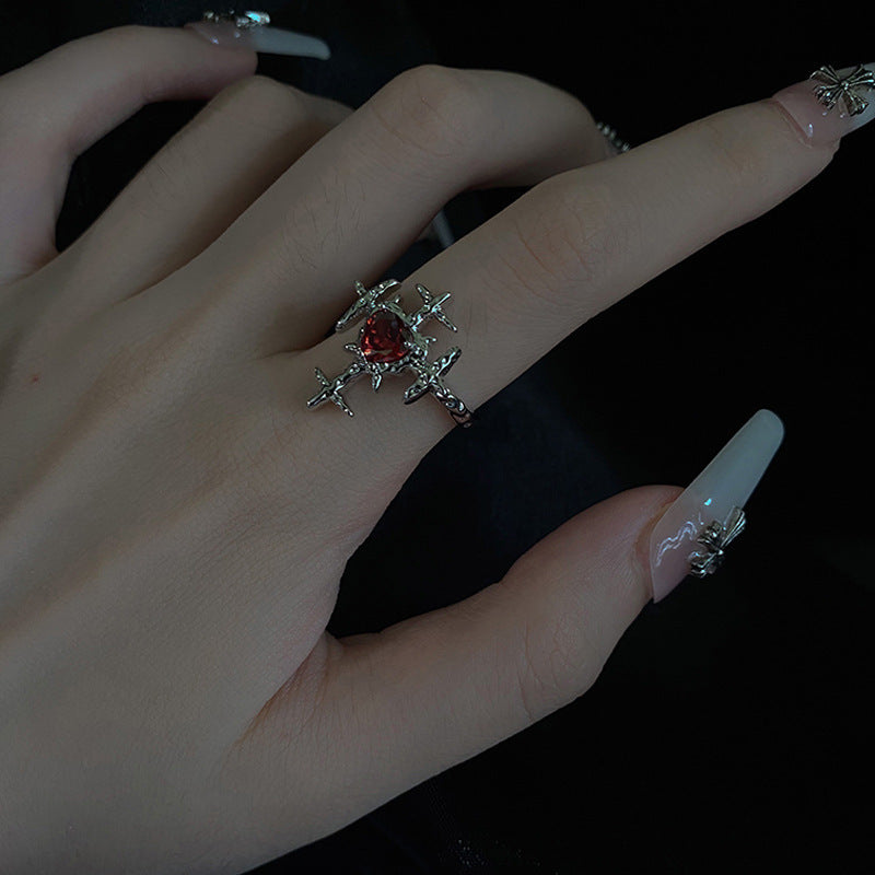 Wholesale  Retro Exaggerated Dark Cross Red Love Zircon Ring Finger Ring Opening Adjustable Ring