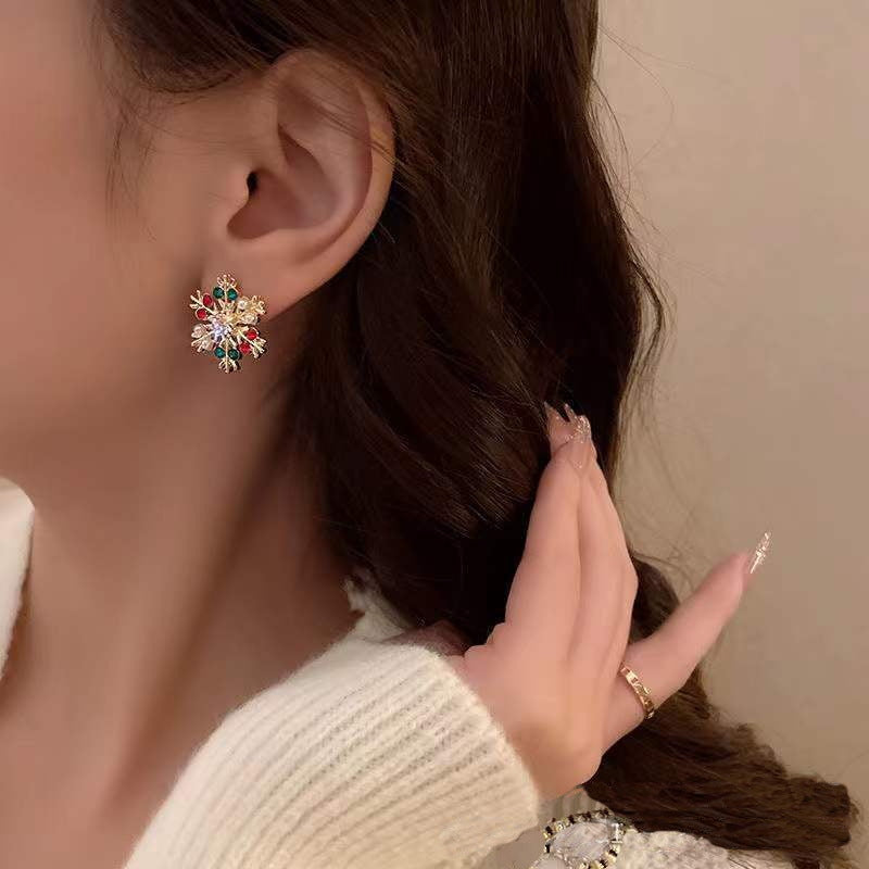 Wholesale Diamond studded colorful Christmas snowflake earrings