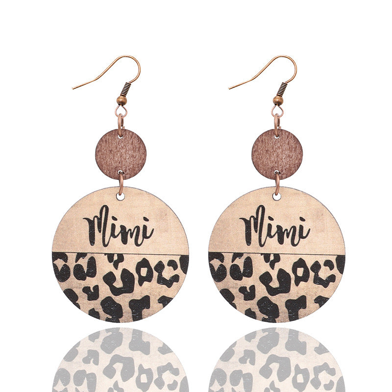 Wholesale Leopard Print Wood Chip Mom Round Earrings
