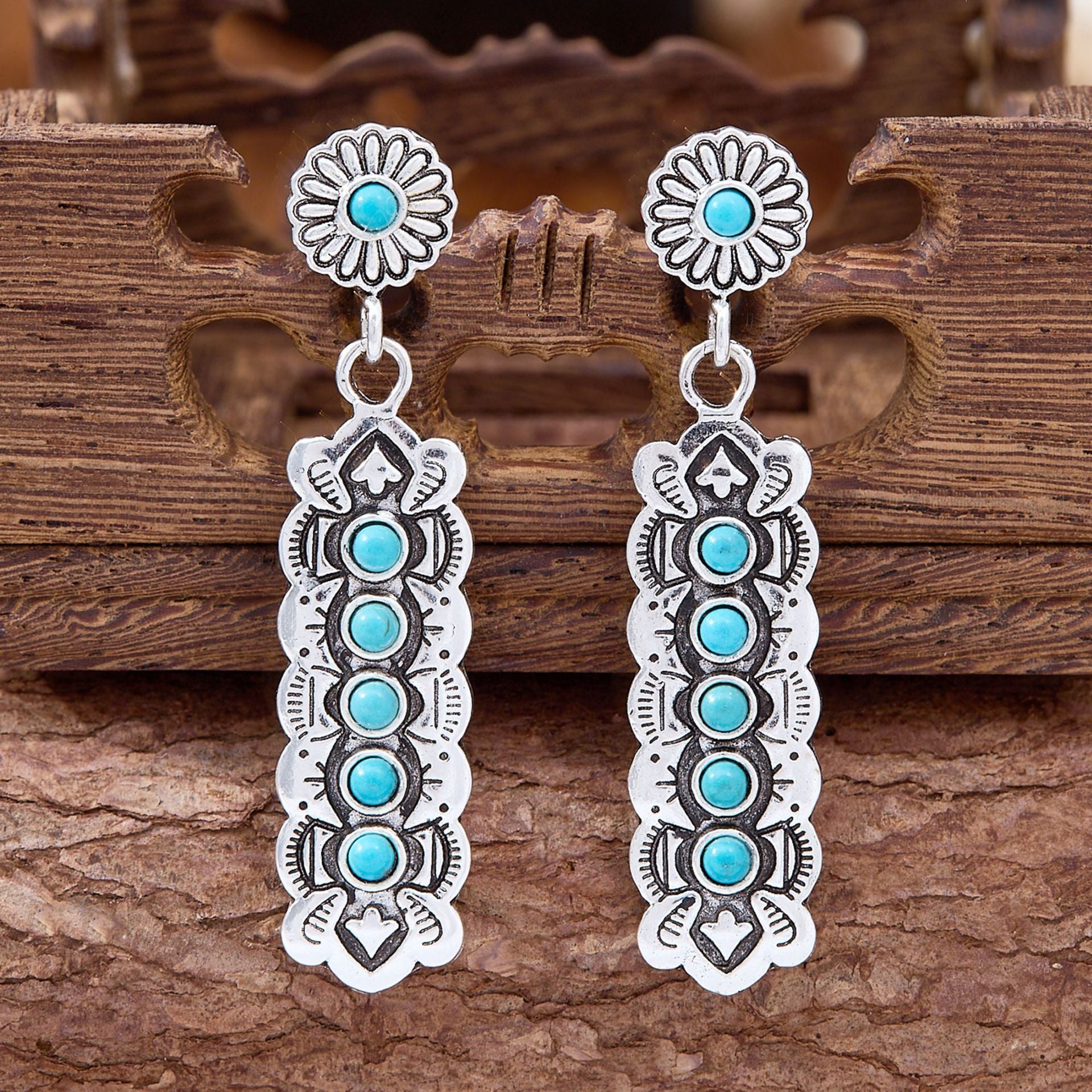 Wholesale Retro Western-style earrings rectangular patterned earrings inlaid  stones