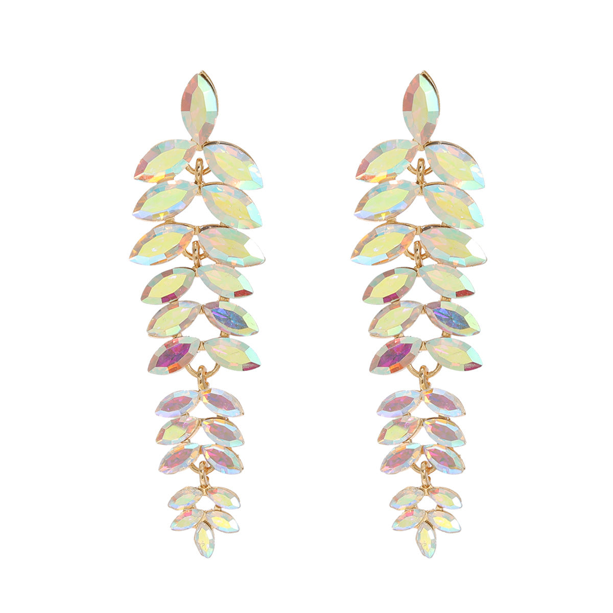 Wholesale Colored Diamond Full Diamond Long Leaf Earrings