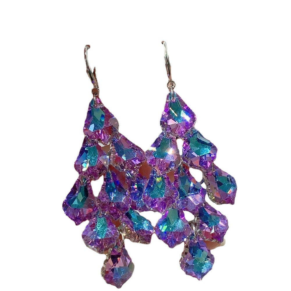 Wholesale Crystal Exaggerated Long Purple Tassel Earrings