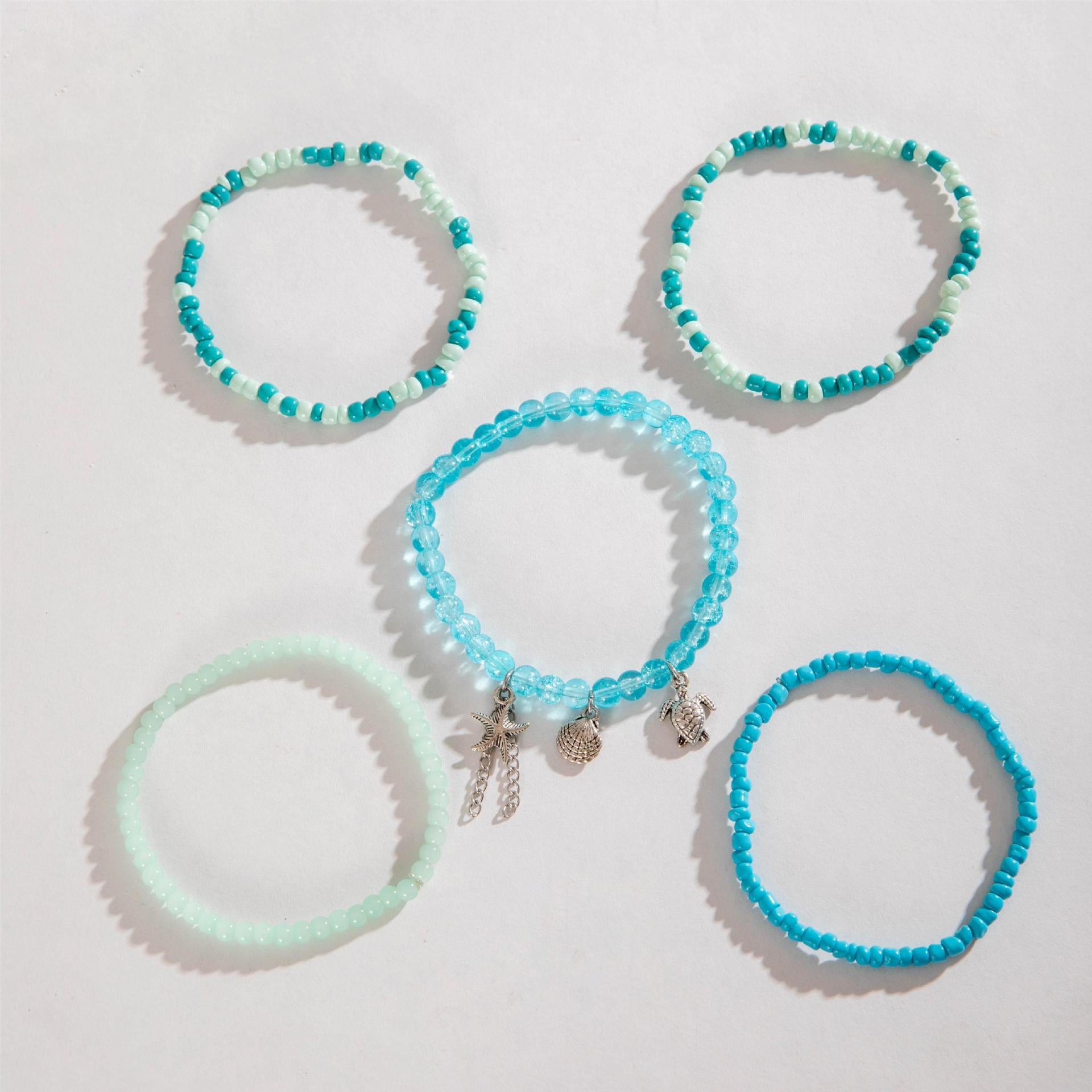 Wholesale Holiday style bohemian beaded stacking anklet starfish turtle shell pendant anklet five-piece set