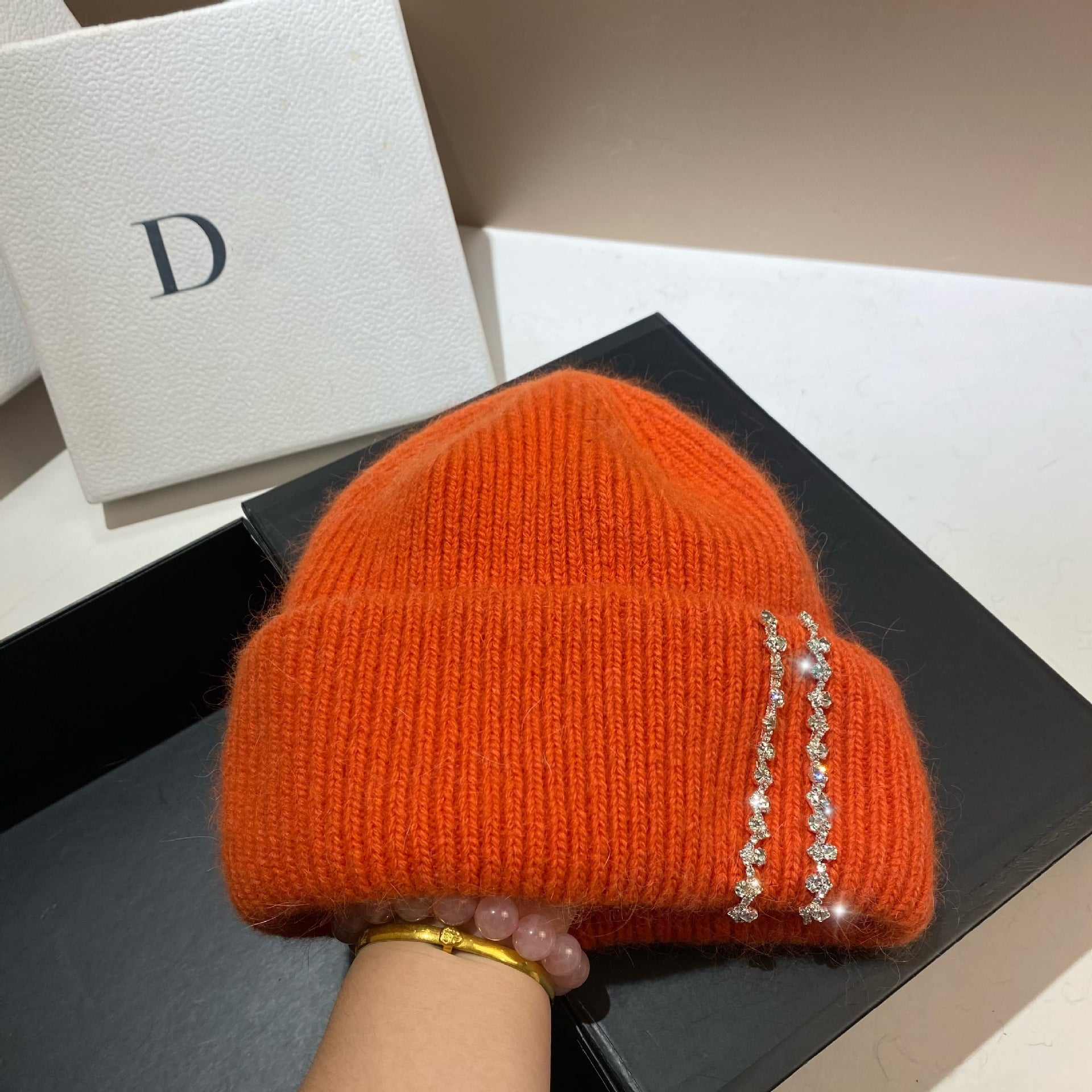 Wholesale Long Rabbit Fur Bi-fold Knitted Rhinestone Beanie