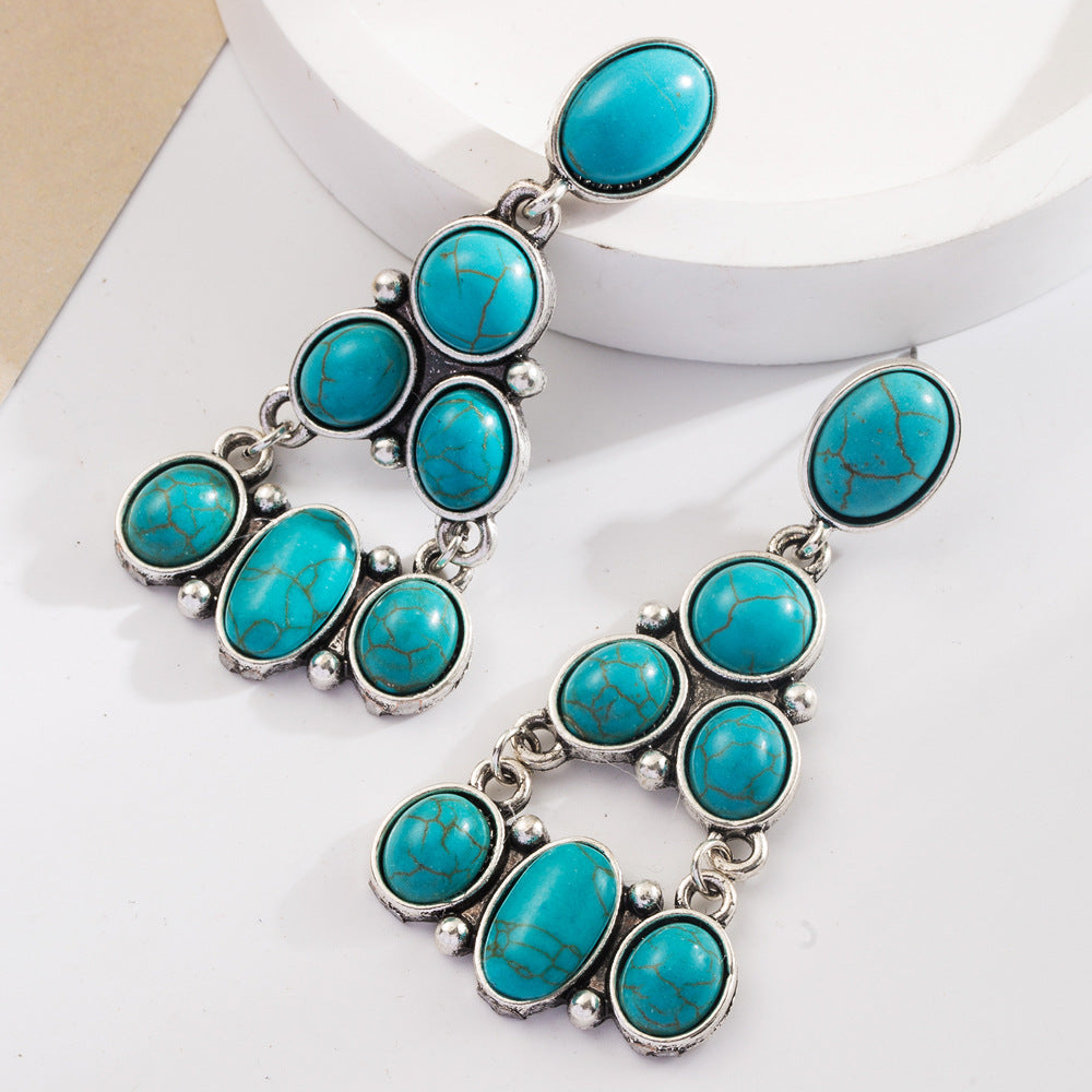 Wholesale Exaggerated turquoise retro layered long earrings