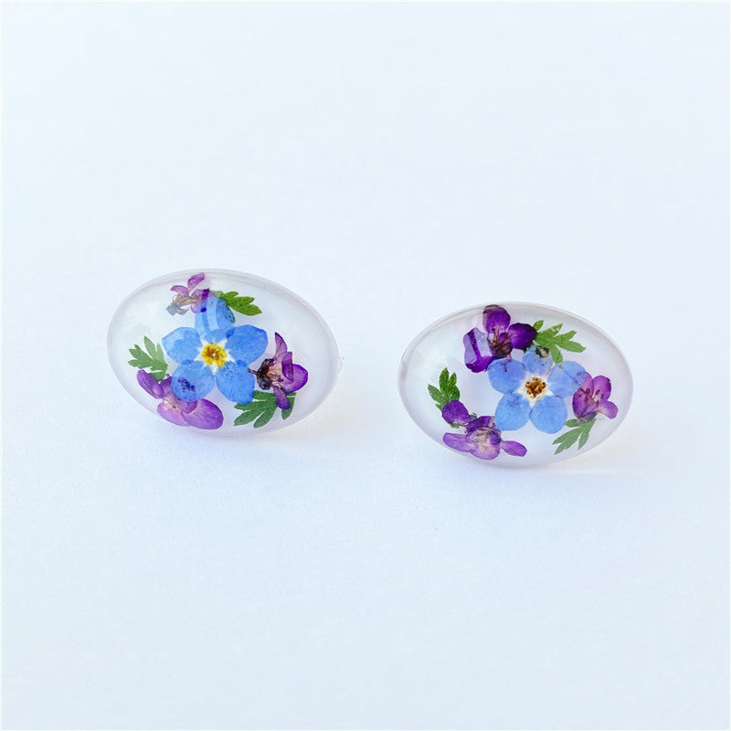 Wholesale 6pcs Forget-me-not Dried Flower Resin Oval Earrings