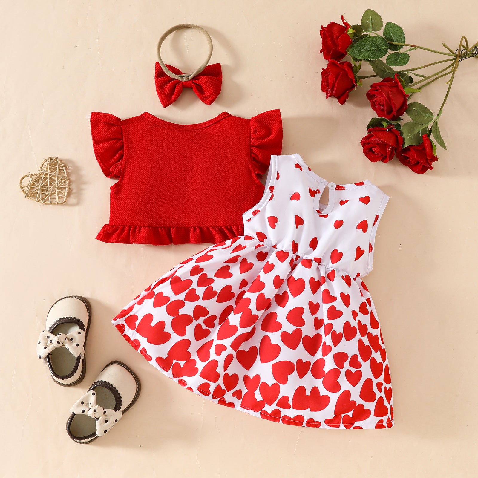 Wholesale Baby Girl Sleeveless Ruffle Short Jacket Sleeveless Heart Dress Hairband Set