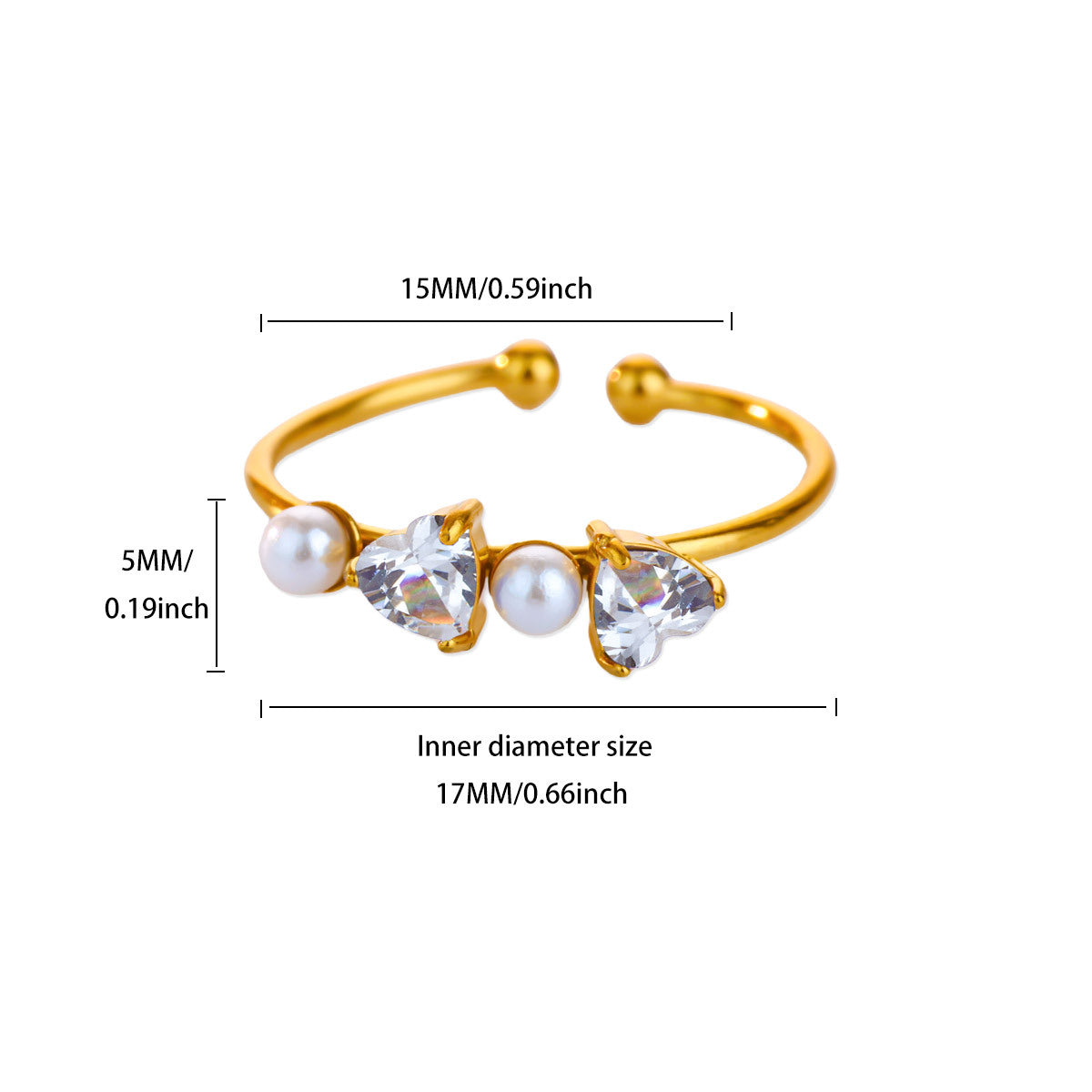 Wholesale Luxury Zircon Pearl Heart-Shaped Adjustable Opening Ring