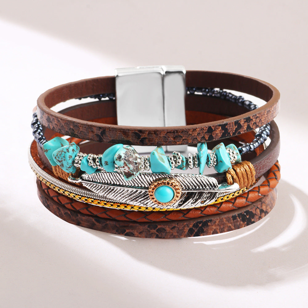 Wholesale Vintage Feather Blue Turquoise Gravel Multi-Layer Leather Bracelet