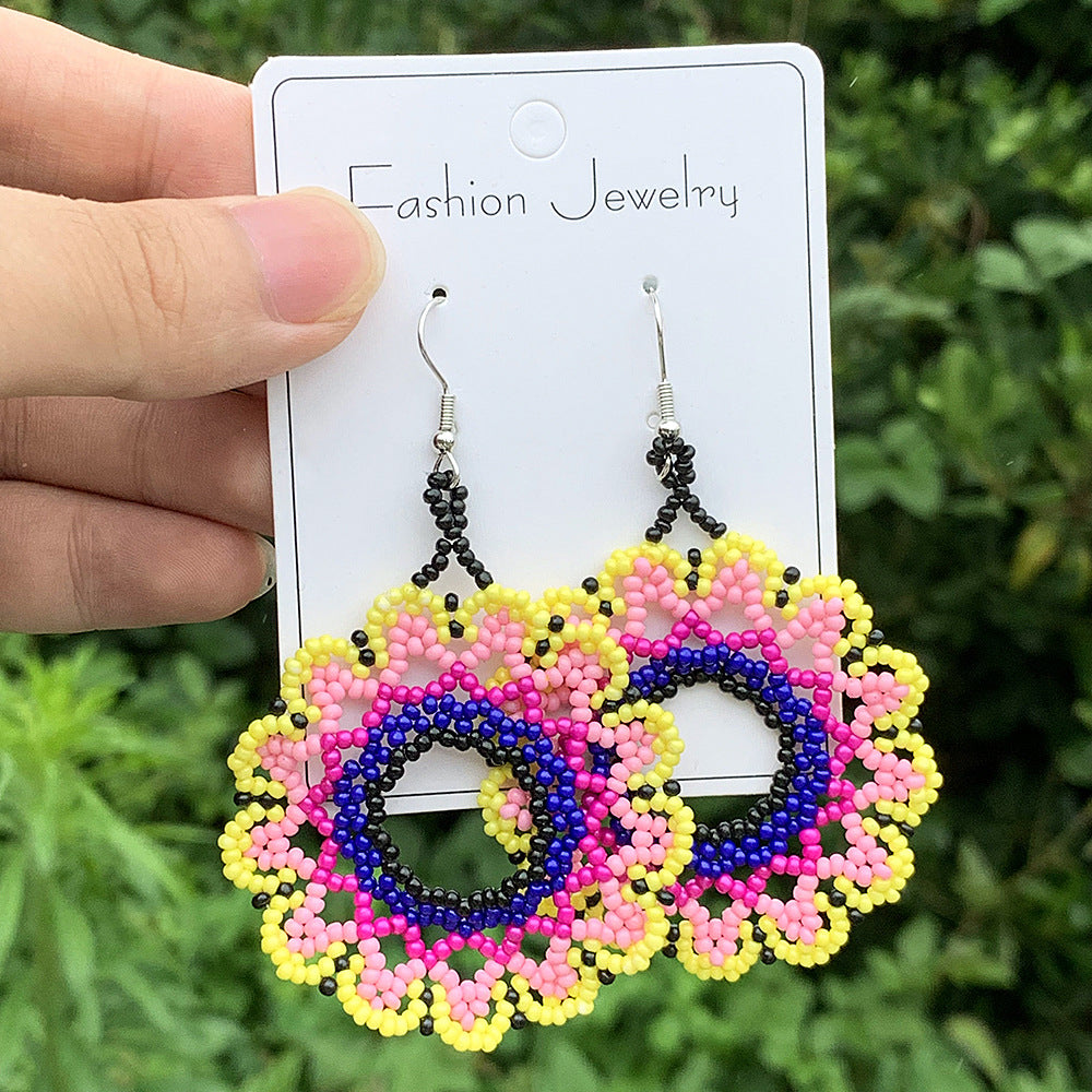 Wholesale Bohemian Exaggerated Flowers Hand-woven Round Earrings